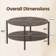 Round coffee table dimensions chart showing a 2-tier design, rustic brown finish, and sturdy metal legs for stability.