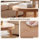 Round coffee table with 30" thick wooden top and rubber wood legs, featuring easy-to-clean surface for living room use.