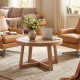 Round coffee table with sturdy rubber wood legs, 30-inch farmhouse design, perfect for living room organization.