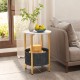 Round end table with a white top and removable black felt basket, perfect for magazines and snacks in any room.