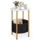 Round end table with white top and gold metal frame, featuring a removable black felt basket for storage. Ideal for.