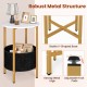 Round end table with a white top, metal frame, and removable felt basket, perfect for living rooms and bedrooms.