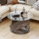 Round glass coffee table with a gray wooden base, featuring a tempered glass top, ideal for modern living spaces.