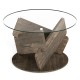Round coffee table featuring a unique geometric gray rubberwood design with a 32-inch tempered glass top for modern.