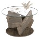 Round glass coffee table with a gray rubberwood base, featuring a tempered glass top, ideal for modern living spaces.