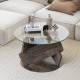 Round coffee table with a unique gray rubberwood base and a 32-inch tempered glass top, perfect for small spaces.
