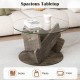Round glass coffee table with a gray rubberwood base, featuring a spacious tempered glass top for stylish living room.