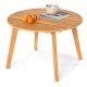 Round outdoor acacia wood side table with slatted tabletop, perfect for patio or garden use, featuring a natural finish.