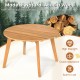 Round outdoor acacia wood side table with slatted tabletop, featuring a natural finish for patio or garden use.
