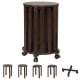 Round portable wood nesting stools in walnut with locking casters, ideal for small spaces and easy mobility.