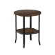 Round side table in rustic brown with a 2-tier design and storage shelf, perfect for small spaces and versatile use.