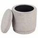 Round beige storage ottoman with removable lid, acacia wood frame, and 7.7-gallon capacity for versatile use.