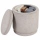 Beige round storage ottoman with removable lid, featuring soft chenille fabric and hidden storage for organizing your.