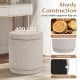 Round storage ottoman in beige with acacia wood frame, removable lid, and 400 lbs capacity for versatile use.