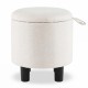 Round beige storage ottoman with removable lid, upholstered in linen fabric, ideal for living room or bedroom use.