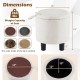 Beige round storage ottoman with removable lid, sturdy wooden frame, and dimensions for versatile use in living spaces.
