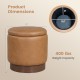 Round storage ottoman in brown faux leather with acacia wood frame, 360° swivel, 400 lbs capacity, ideal for living.