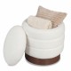 Round storage ottoman in white with acacia wood frame, featuring hidden storage and 360° swivel for versatile living.