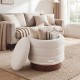 Round storage ottoman with acacia wood frame in white, featuring 360° swivel and hidden storage for living room use.