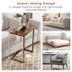 C-shaped industrial end table with wood grain finish and metal frame, perfect for small spaces and versatile use.