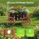 Rustic rolling flower pot stand in antique wagon style, made of fir wood, with drainage hole for healthy plant growth.