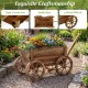 Rustic rolling flower pot stand with wheels, made of fir wood, featuring a vintage wagon design for garden decor.