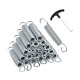 Set of 5.5-inch rustproof galvanized steel trampoline springs with T-hook tool for easy replacement and enhanced bounce.