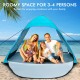 Automatic pop-up beach tent in blue, spacious for 3-4 persons, featuring UPF50+ protection and easy setup for family.