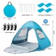 Automatic pop-up beach tent in blue, measuring 79" x 59" x 53", with UPF50+ protection and spacious front floor for.
