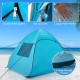 Automatic pop-up beach tent in blue with roll-up doors, mesh windows, and large storage pockets for family outings.