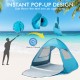 Automatic pop-up beach tent in blue, measuring 79" x 59" x 53", offers UPF50+ protection and spacious area for family.