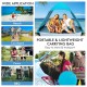 Automatic pop-up beach tent in blue with carrying bag, offering UPF50+ protection and spacious design for family.