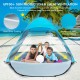 Automatic pop-up beach tent in blue with UPF50+ sun protection, accommodating 2 adults and 2 kids for beach outings.
