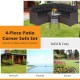 4-piece black patio rattan sofa set with cushions and glass table, ideal for outdoor corner spaces and relaxation.