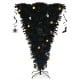 Upside-down 6-foot artificial Christmas tree with 270 purple LED lights, featuring Halloween decorations like pumpkins.