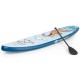 Inflatable stand-up paddle board with colorful design, aluminum paddle, ideal for water activities and stability.