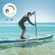 Inflatable stand-up paddle board with adjustable aluminum paddle, ideal for water activities like yoga and fishing.
