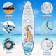 Inflatable stand-up paddle board with non-slip EVA deck, removable fins, and convenient carry handle for water.