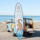 10.5 feet inflatable stand-up paddle board with colorful design, ideal for water activities and easy to transport.