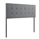 Gray tufted linen fabric upholstered headboard with adjustable steel legs for queen and full size beds, offering modern.
