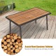Acacia wood tabletop of a patio conversation set, featuring a sturdy design and weather-resistant wicker for outdoor.