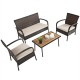 Cushioned wicker conversation set with acacia wood tabletop, featuring a sturdy steel frame, ideal for outdoor use.