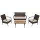 4-piece patio cushioned wicker conversation set with acacia wood tabletop, ideal for outdoor and indoor use.