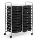 20-drawer storage rolling cart in black with chrome metal frame, ideal for organizing art supplies and office tools.