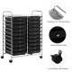 20-drawer black rolling cart with chrome metal frame, easy-access drawers, and wheels for versatile storage solutions.