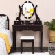 Elegant brown vanity table set with lighted mirror, cushioned stool, and five drawers for ample storage in any space.