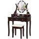 Elegant brown vanity table set with lighted mirror, cushioned stool, and five drawers for ample storage. Perfect for.