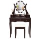 Elegant brown vanity table set with lighted mirror, cushioned stool, and five drawers for ample storage.