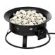 Portable propane fire pit with lava rocks, sturdy black iron construction, ideal for camping and outdoor gatherings.