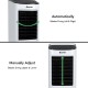 Evaporative portable air cooler fan showing automatic and manual blade adjustments for optimal airflow in home or.